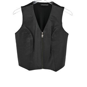 Vtg SAVANNAH Vest Womens Sz S Black Leather Combo‎ Zip Up Sleeveless Biker Retro